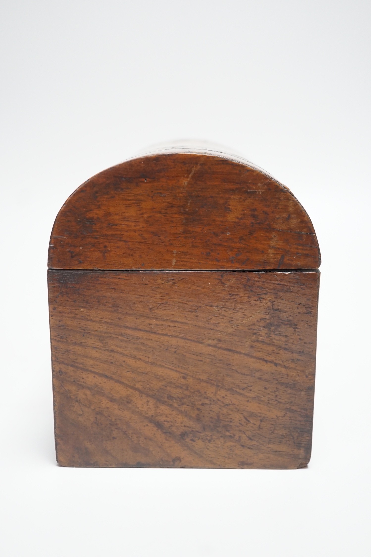 A Victorian burr walnut inset tea caddy, 20 cm wide, the lids with bone knobs